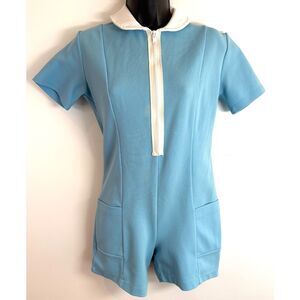 Vintage 30’s Moore Bathing Suit Romper Womens Small Blue 4-Way Stretch Pockets